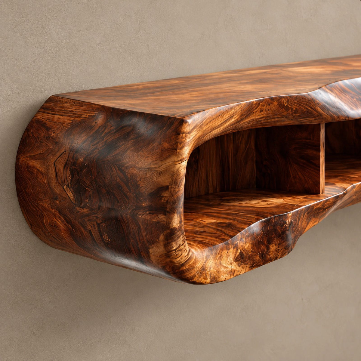 Minimalist Sculpted Live Edge TV Stand With Open Shelving For Living Room