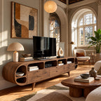 Mid Century Rounded Wood TV Stand With Storage Drawers For Living Room
