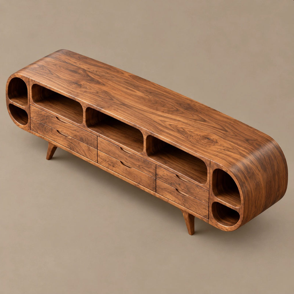 Mid Century Rounded Wood TV Stand With Storage Drawers For Living Room