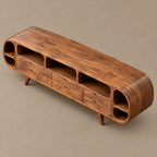Mid Century Rounded Wood TV Stand With Storage Drawers For Living Room