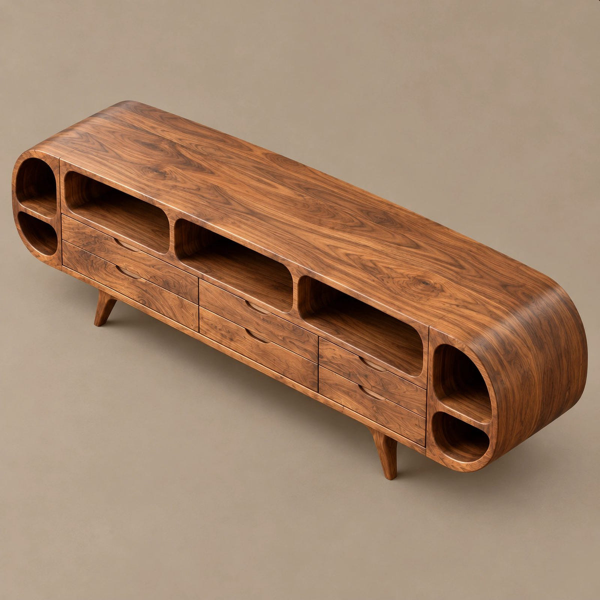 Mid Century Rounded Wood TV Stand With Storage Drawers For Living Room