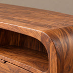 Mid Century Rounded Wood TV Stand With Storage Drawers For Living Room