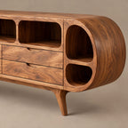 Mid Century Rounded Wood TV Stand With Storage Drawers For Living Room