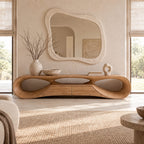 Handcrafted Sculptural Wood TV Stand With Open Loop Base For Living Room