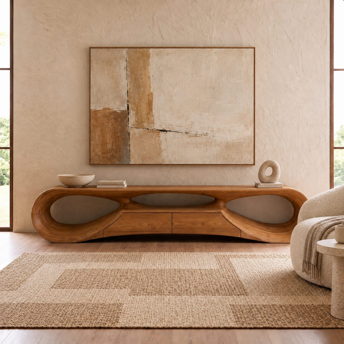 Handcrafted Sculptural Wood TV Stand With Open Loop Base For Living Room
