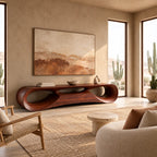 Handcrafted Sculptural Wood TV Stand With Open Loop Base For Living Room
