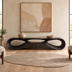 Handcrafted Sculptural Wood TV Stand With Open Loop Base For Living Room