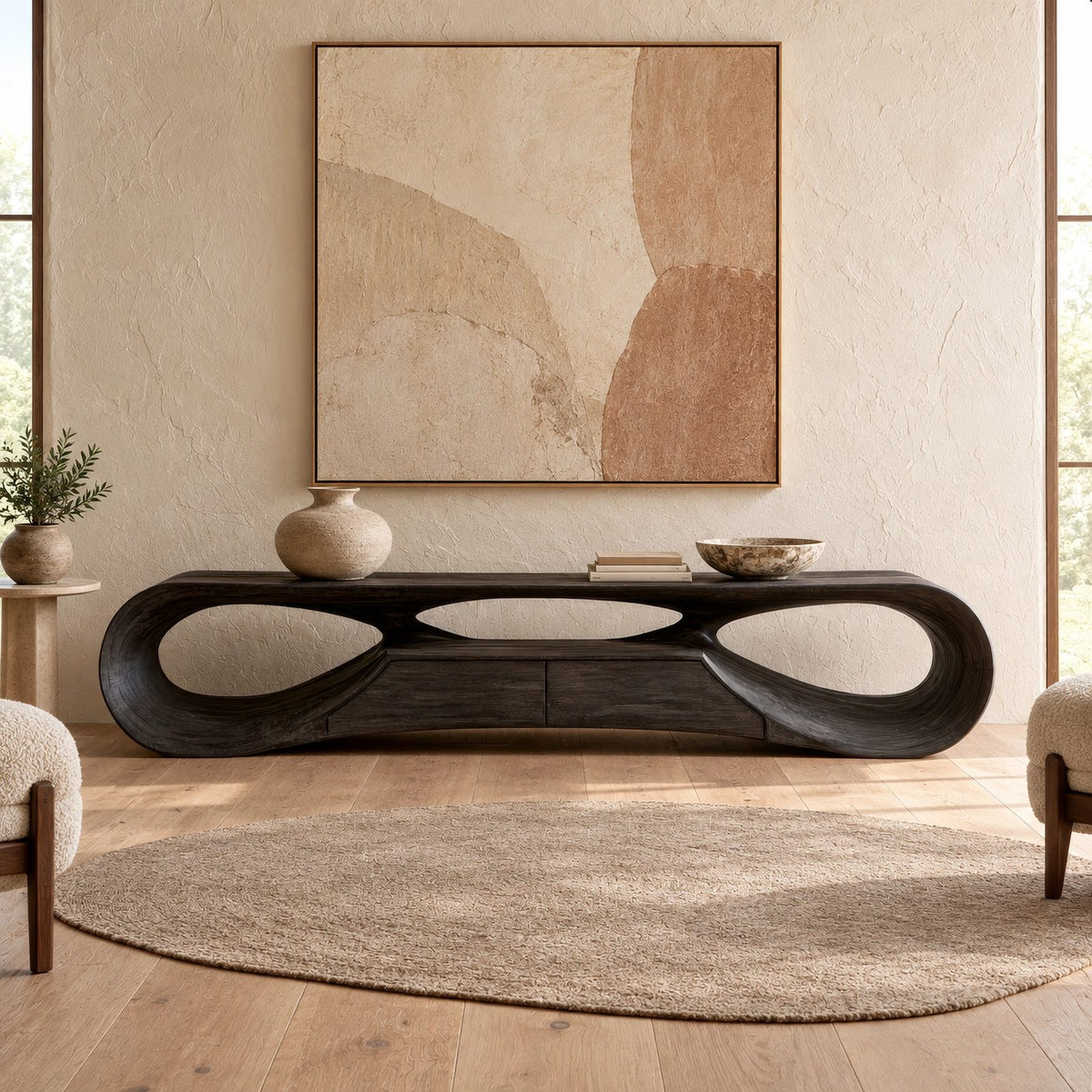 Handcrafted Sculptural Wood TV Stand With Open Loop Base For Living Room
