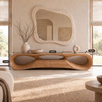 Handcrafted Sculptural Wood TV Stand With Open Loop Base For Living Room