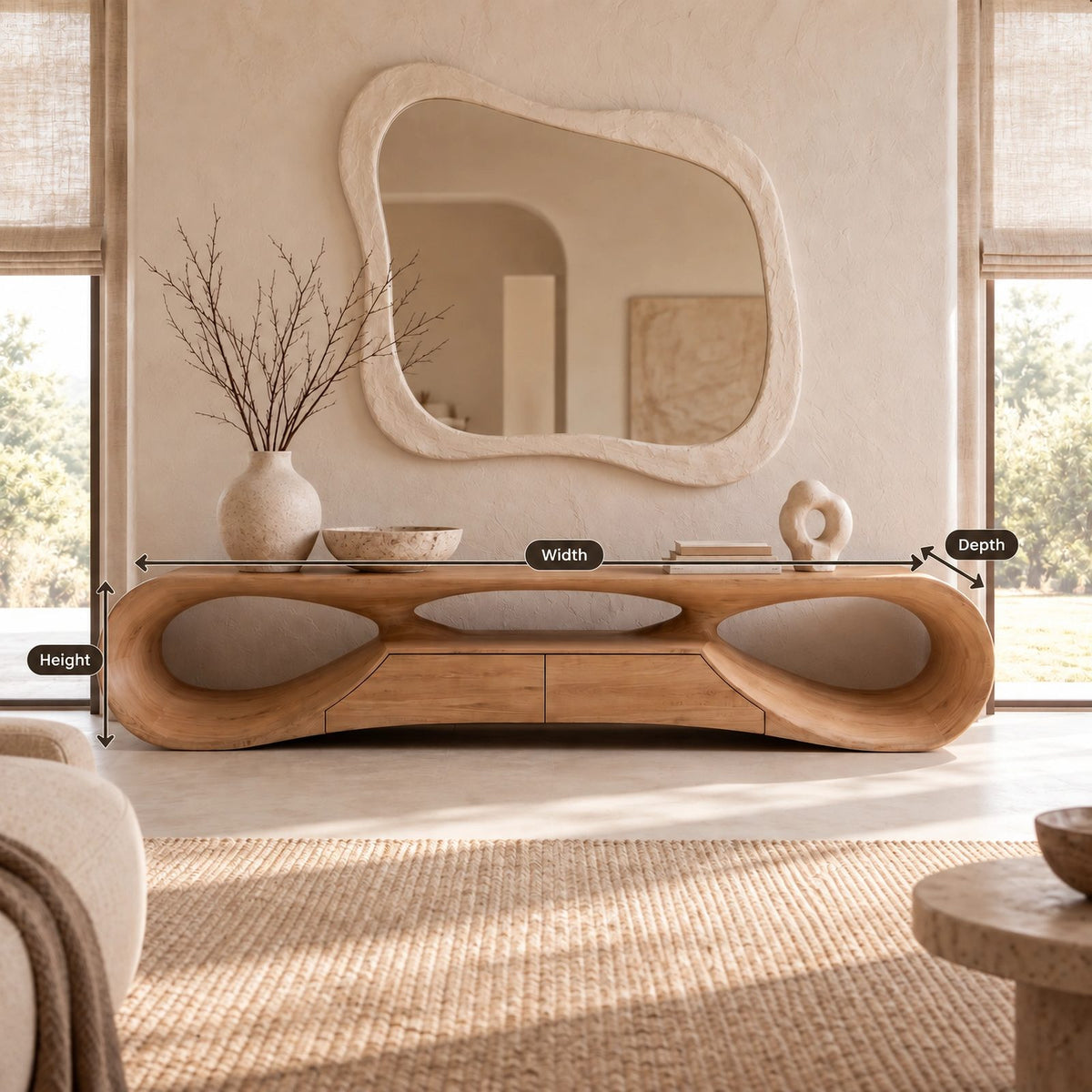Handcrafted Sculptural Wood TV Stand With Open Loop Base For Living Room