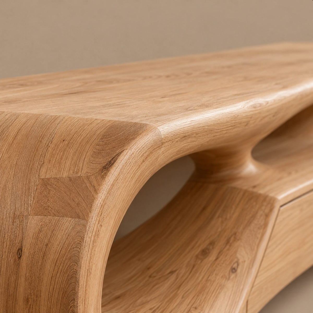 Handcrafted Sculptural Wood TV Stand With Open Loop Base For Living Room