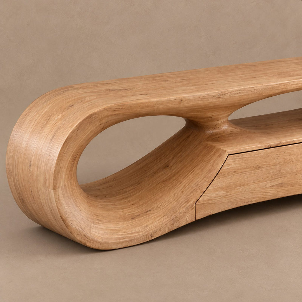 Handcrafted Sculptural Wood TV Stand With Open Loop Base For Living Room
