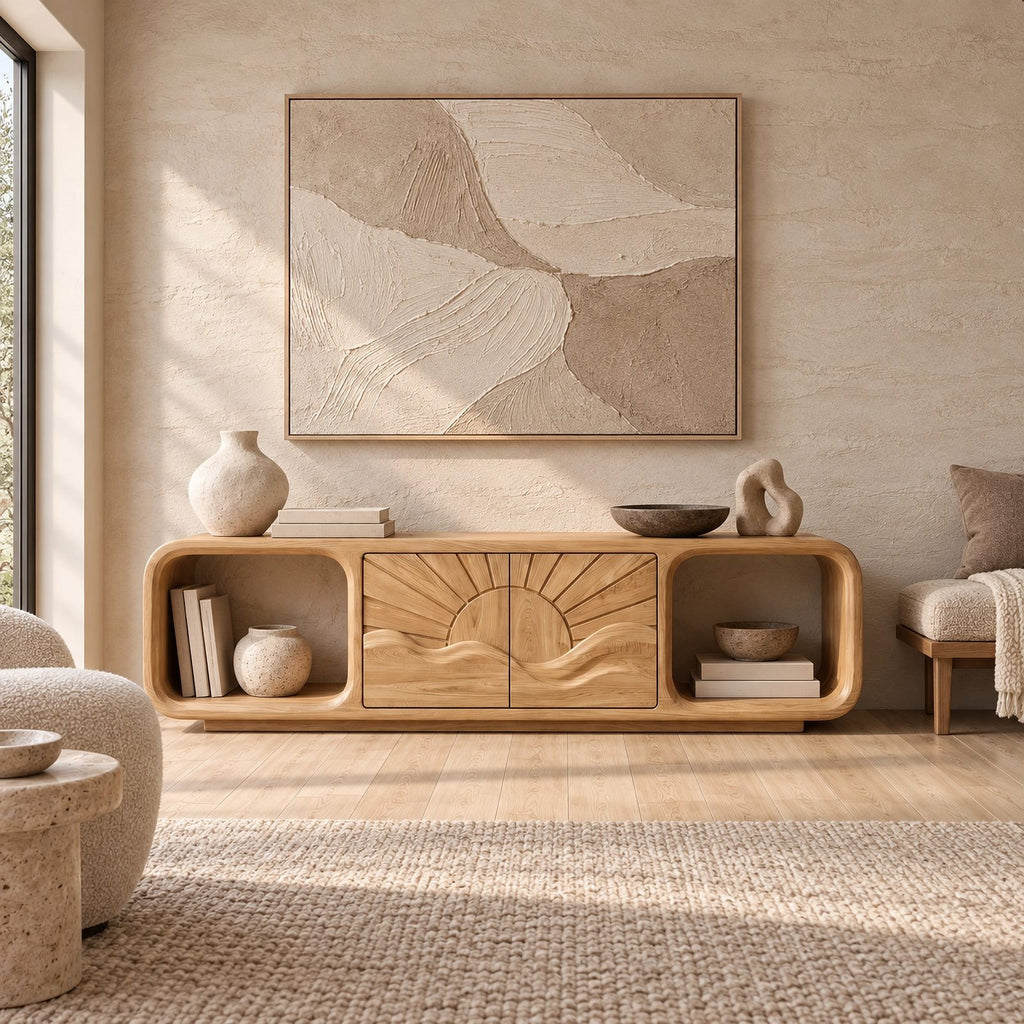 Scandinavian Solid Wood TV Stand With Carved Sunrise Panel For Living Room