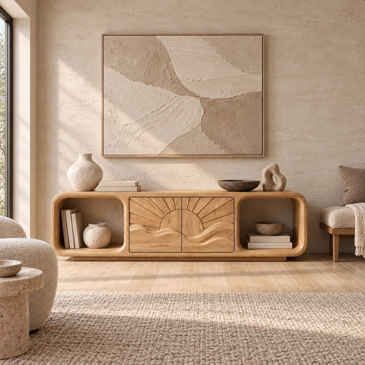 Scandinavian Solid Wood TV Stand With Carved Sunrise Panel For Living Room