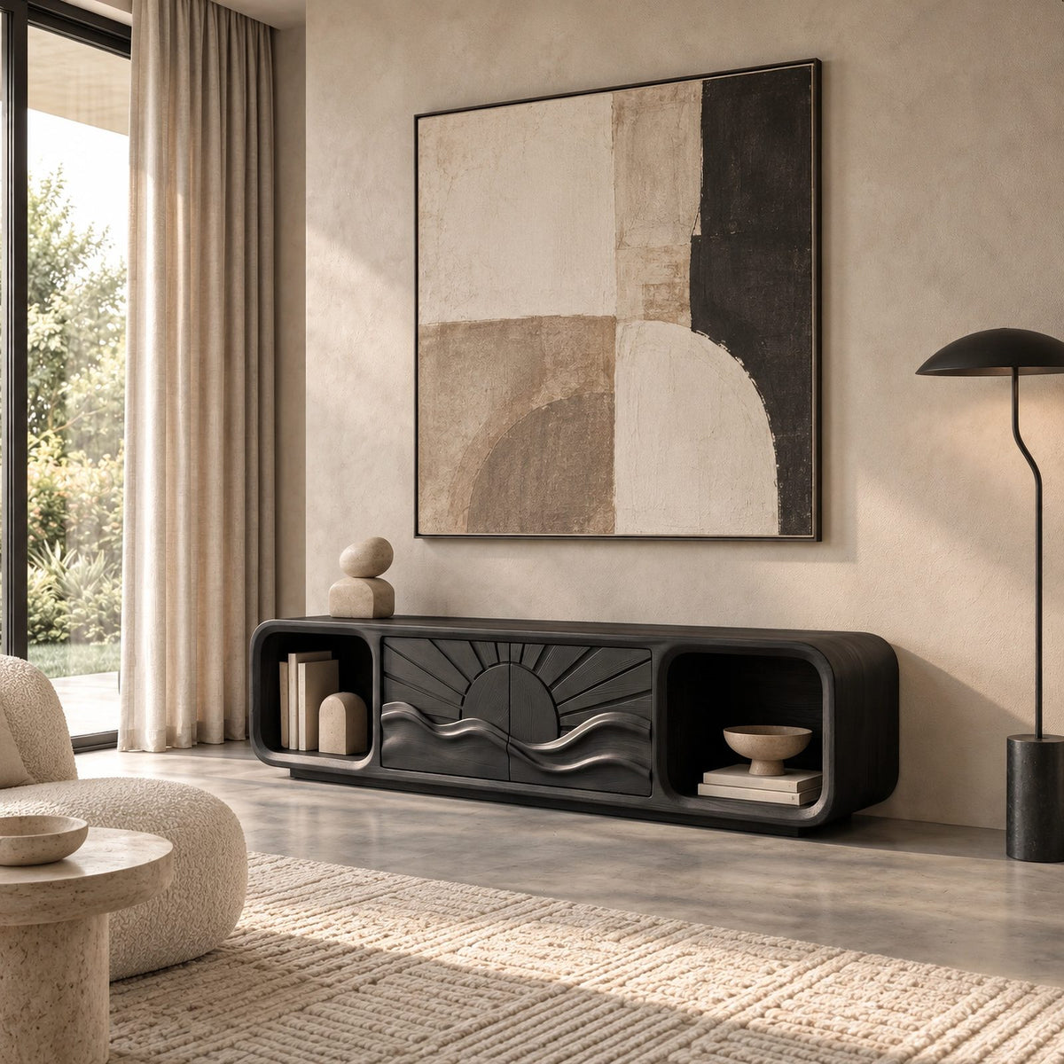 Scandinavian Solid Wood TV Stand With Carved Sunrise Panel For Living Room