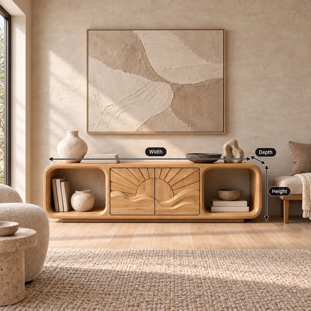Scandinavian Solid Wood TV Stand With Carved Sunrise Panel For Living Room