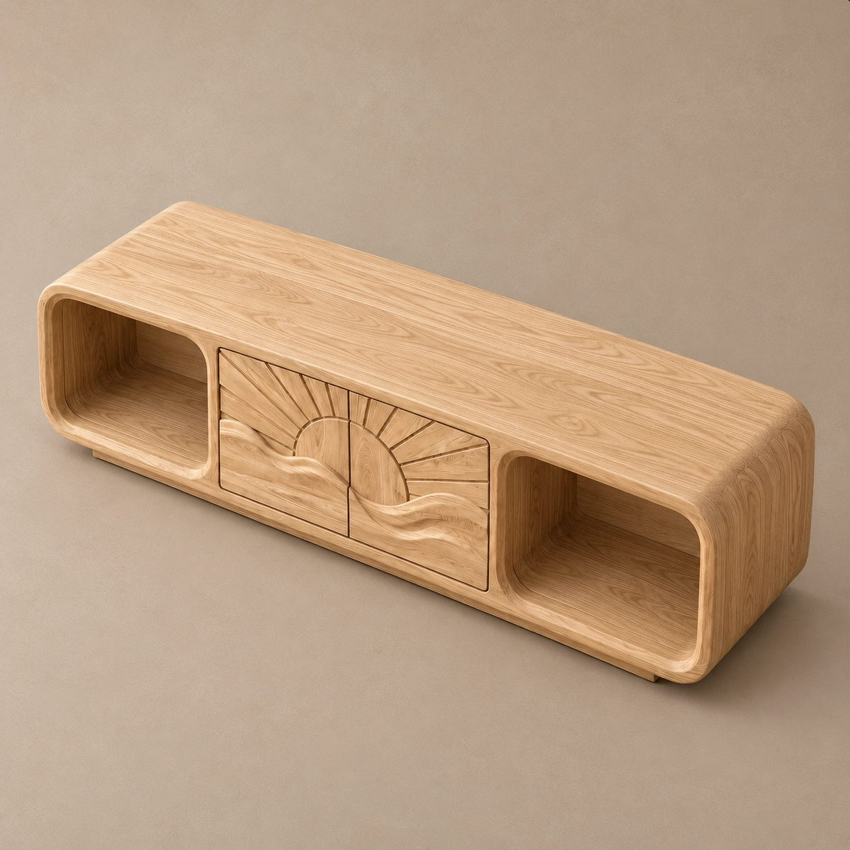 Scandinavian Solid Wood TV Stand With Carved Sunrise Panel For Living Room
