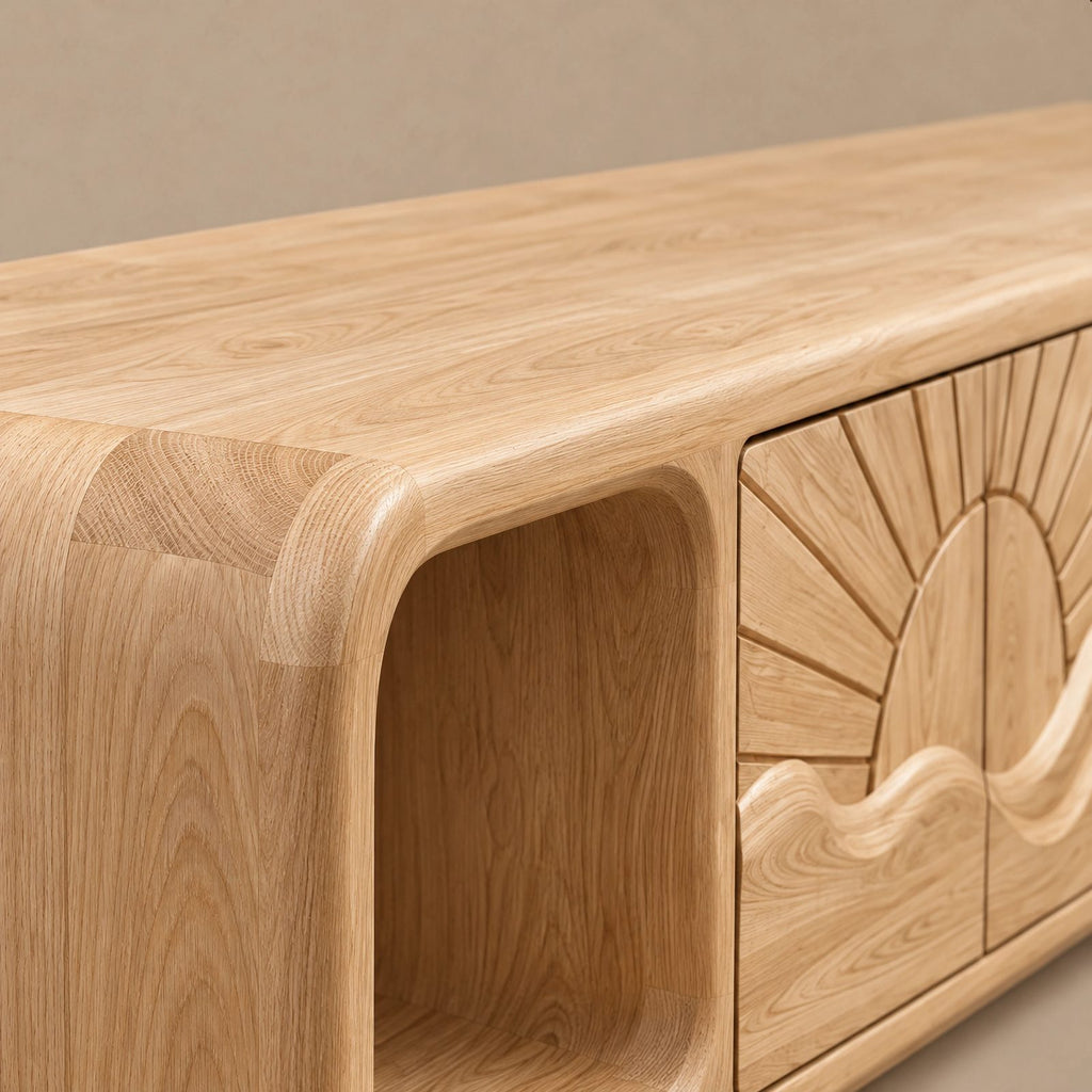 Scandinavian Solid Wood TV Stand With Carved Sunrise Panel For Living Room