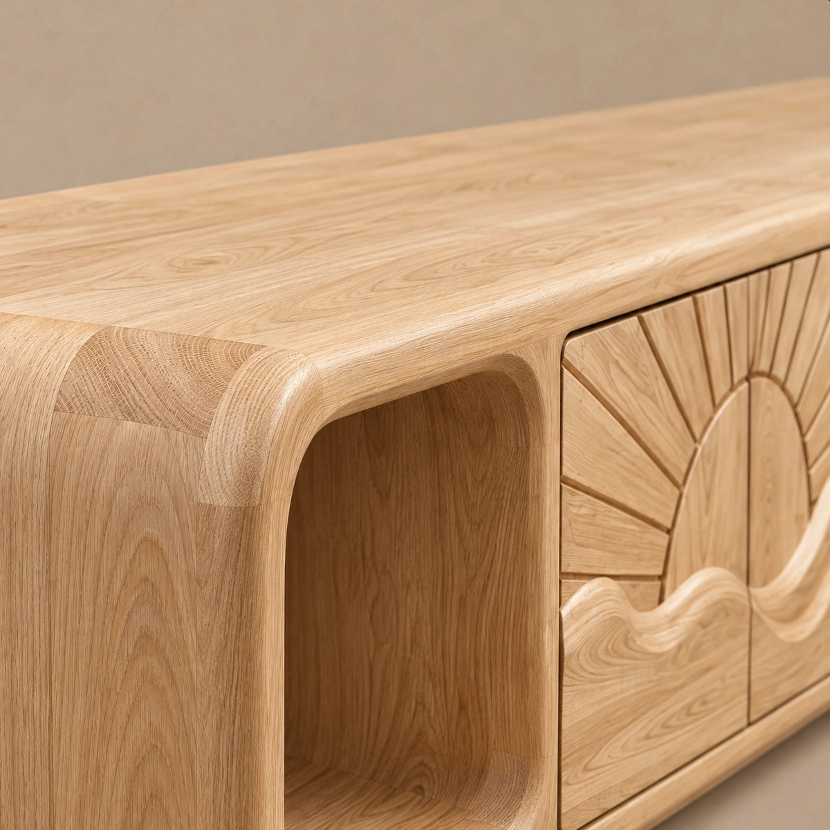 Scandinavian Solid Wood TV Stand With Carved Sunrise Panel For Living Room