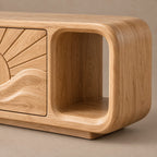 Scandinavian Solid Wood TV Stand With Carved Sunrise Panel For Living Room