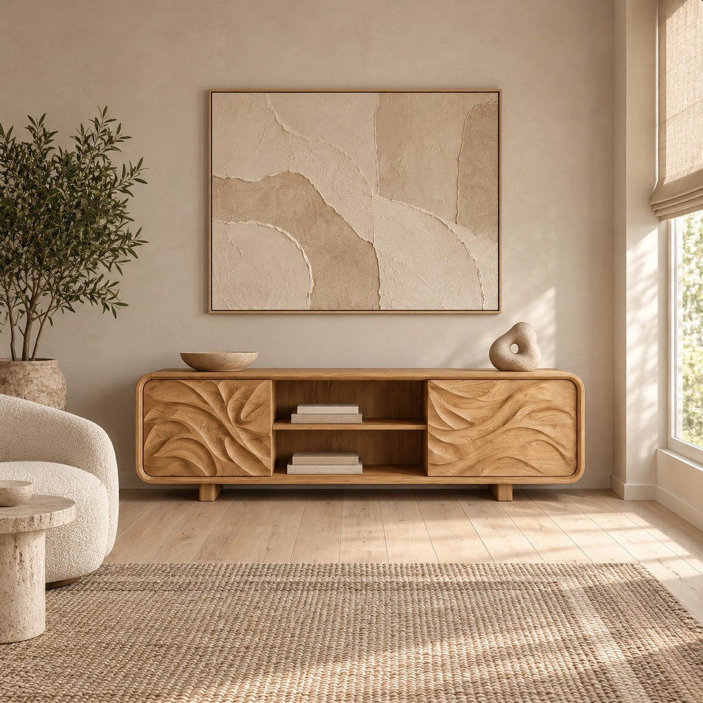 Modern Solid Wood TV Stand With Carved Flowing Panel For Living Room