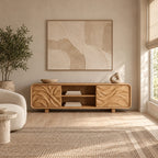 Modern Solid Wood TV Stand With Carved Flowing Panel For Living Room