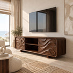 Modern Solid Wood TV Stand With Carved Flowing Panel For Living Room