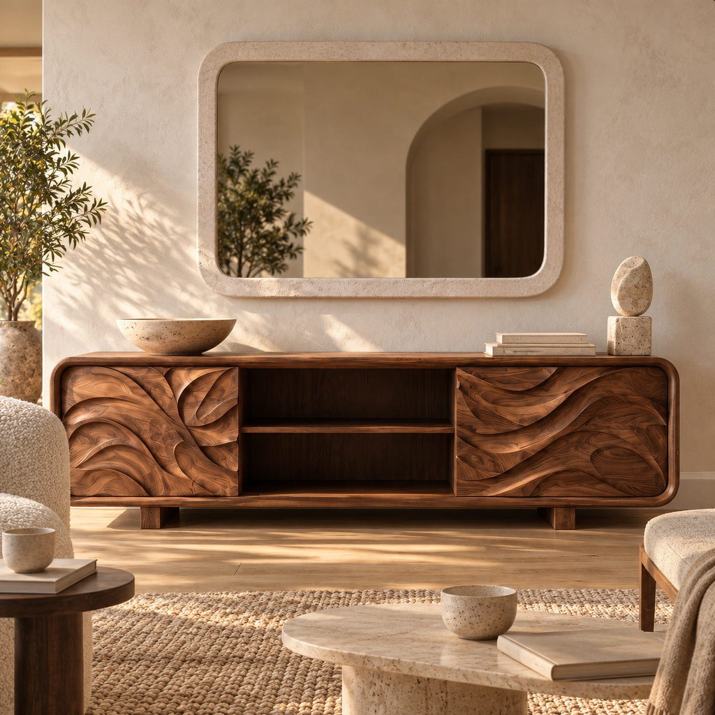 Modern Solid Wood TV Stand With Carved Flowing Panel For Living Room