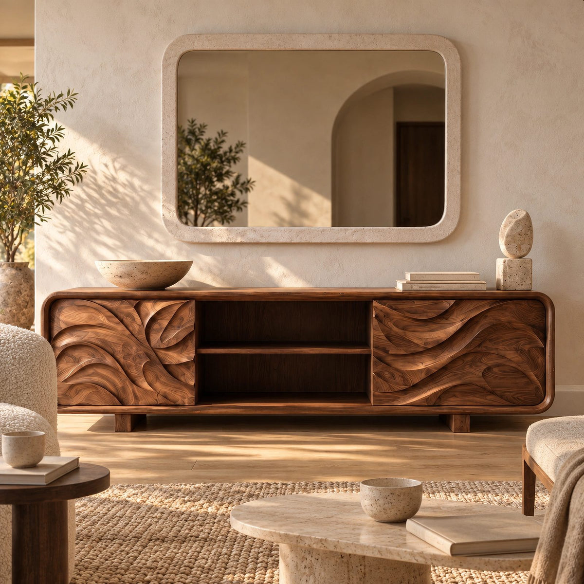 Modern Solid Wood TV Stand With Carved Flowing Panel For Living Room