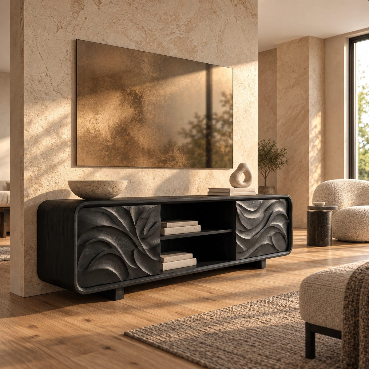 Modern Solid Wood TV Stand With Carved Flowing Panel For Living Room