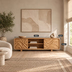 Modern Solid Wood TV Stand With Carved Flowing Panel For Living Room