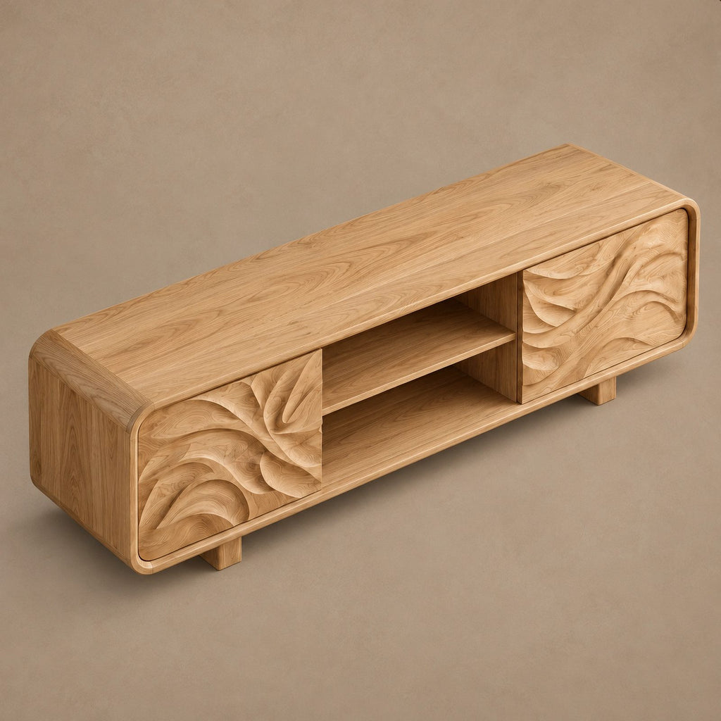 Modern Solid Wood TV Stand With Carved Flowing Panel For Living Room