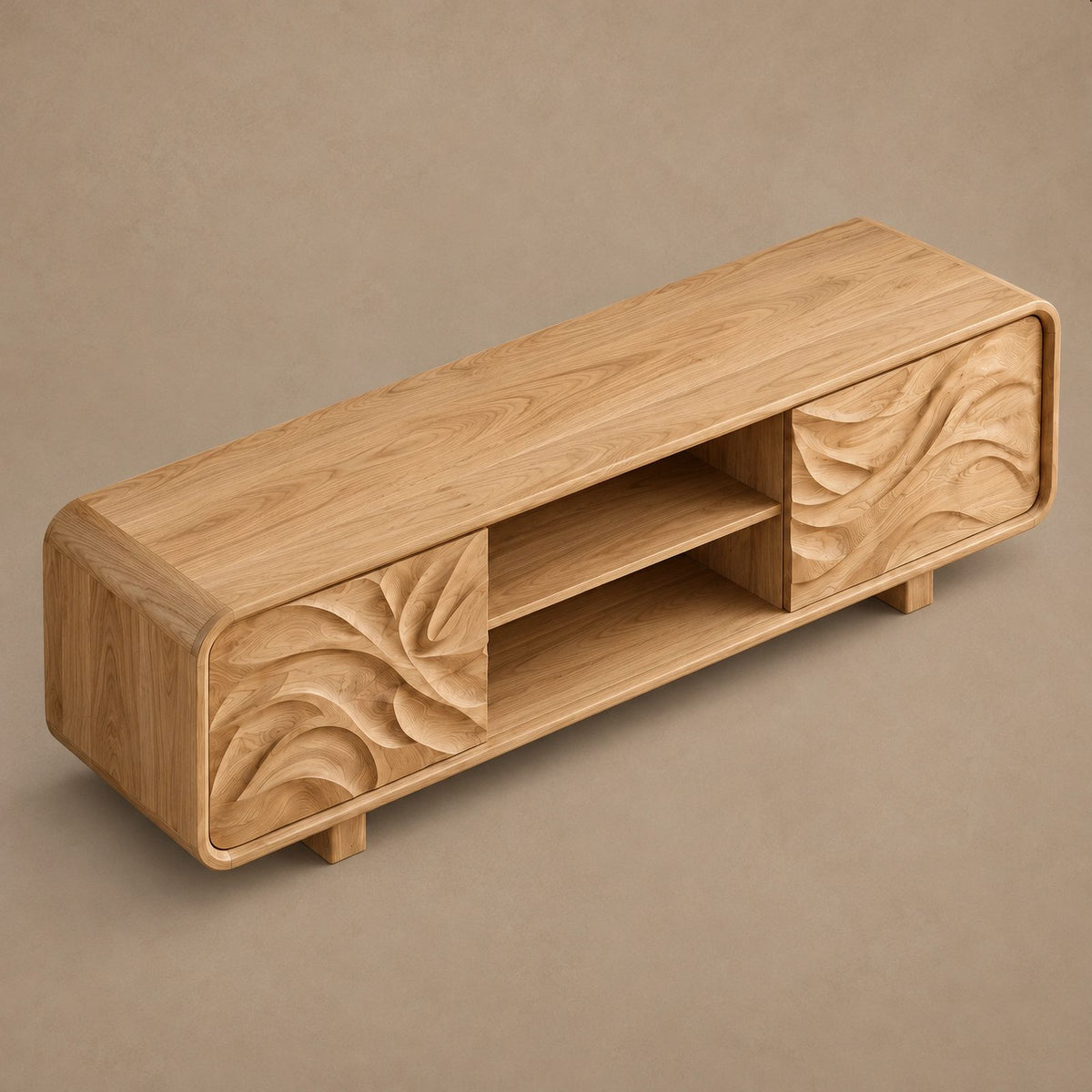 Modern Solid Wood TV Stand With Carved Flowing Panel For Living Room