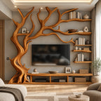 Farmhouse Tree Trunk Wood TV Stand With Branch Shelving For Living Room