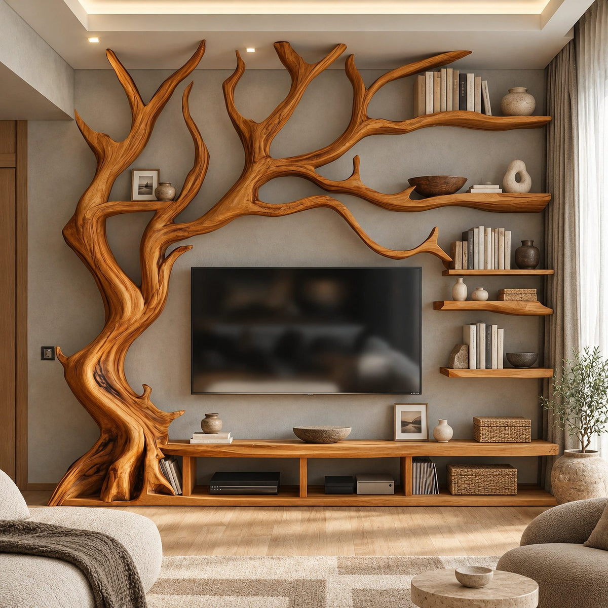 Farmhouse Tree Trunk Wood TV Stand With Branch Shelving For Living Room