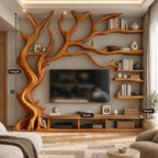 Farmhouse Tree Trunk Wood TV Stand With Branch Shelving For Living Room