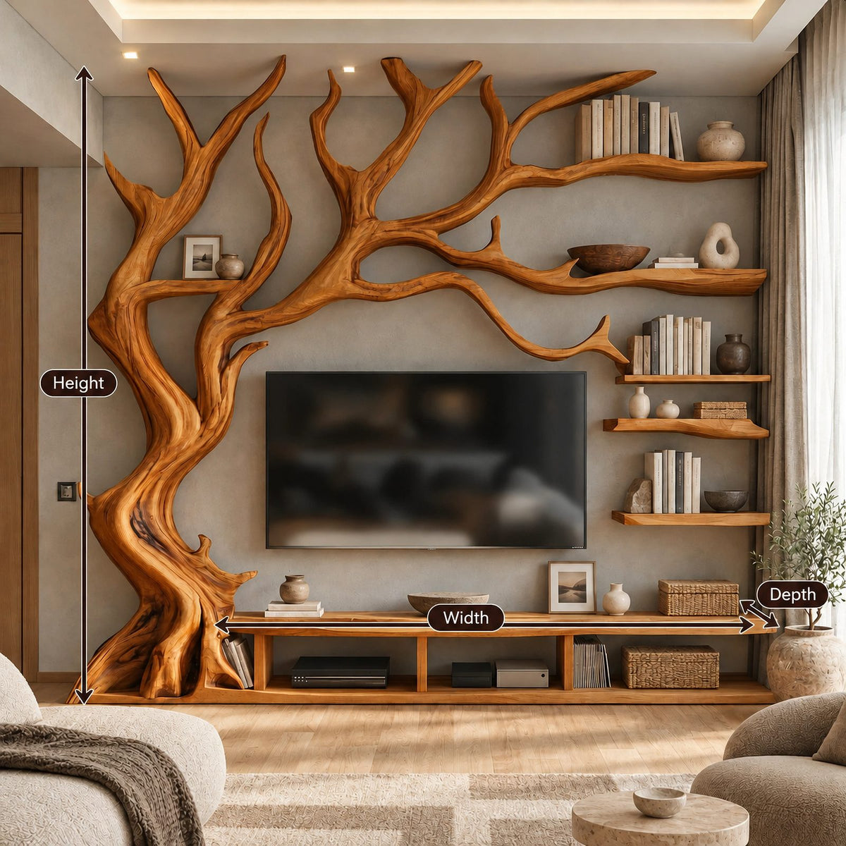 Farmhouse Tree Trunk Wood TV Stand With Branch Shelving For Living Room