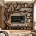 Farmhouse Tree Trunk Wood TV Stand With Branch Shelving For Living Room