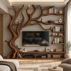 Farmhouse Tree Trunk Wood TV Stand With Branch Shelving For Living Room