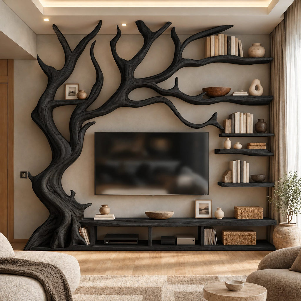 Farmhouse Tree Trunk Wood TV Stand With Branch Shelving For Living Room
