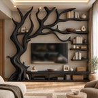 Farmhouse Tree Trunk Wood TV Stand With Branch Shelving For Living Room