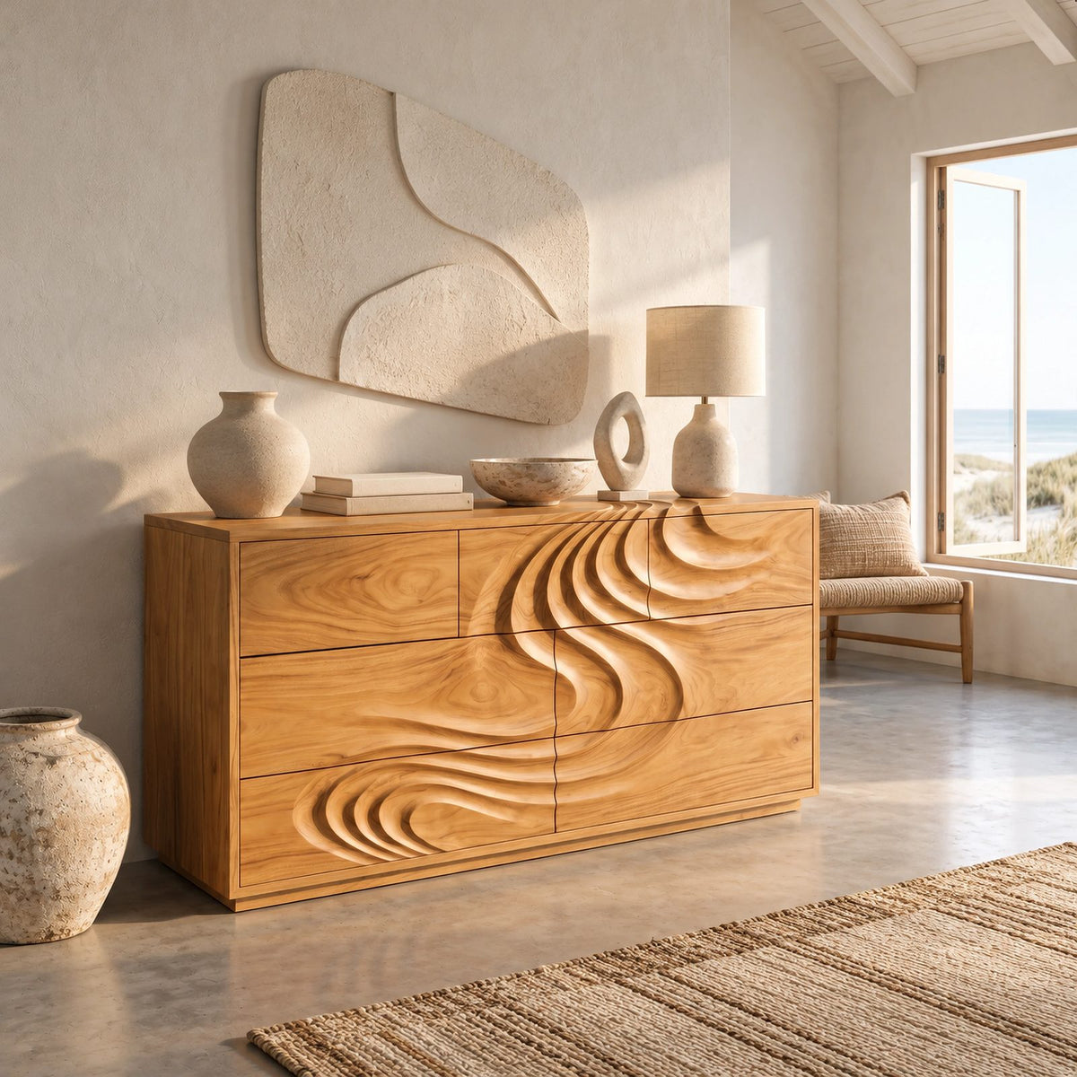 Handcrafted Wave Carved Dresser With Deep Sculpted Front For Bedroom