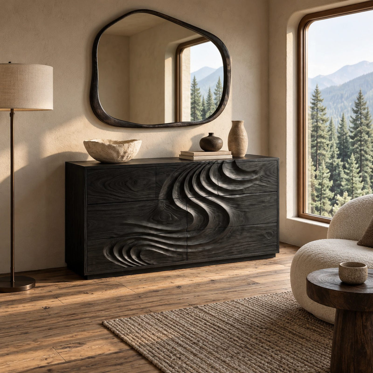 Handcrafted Wave Carved Dresser With Deep Sculpted Front For Bedroom