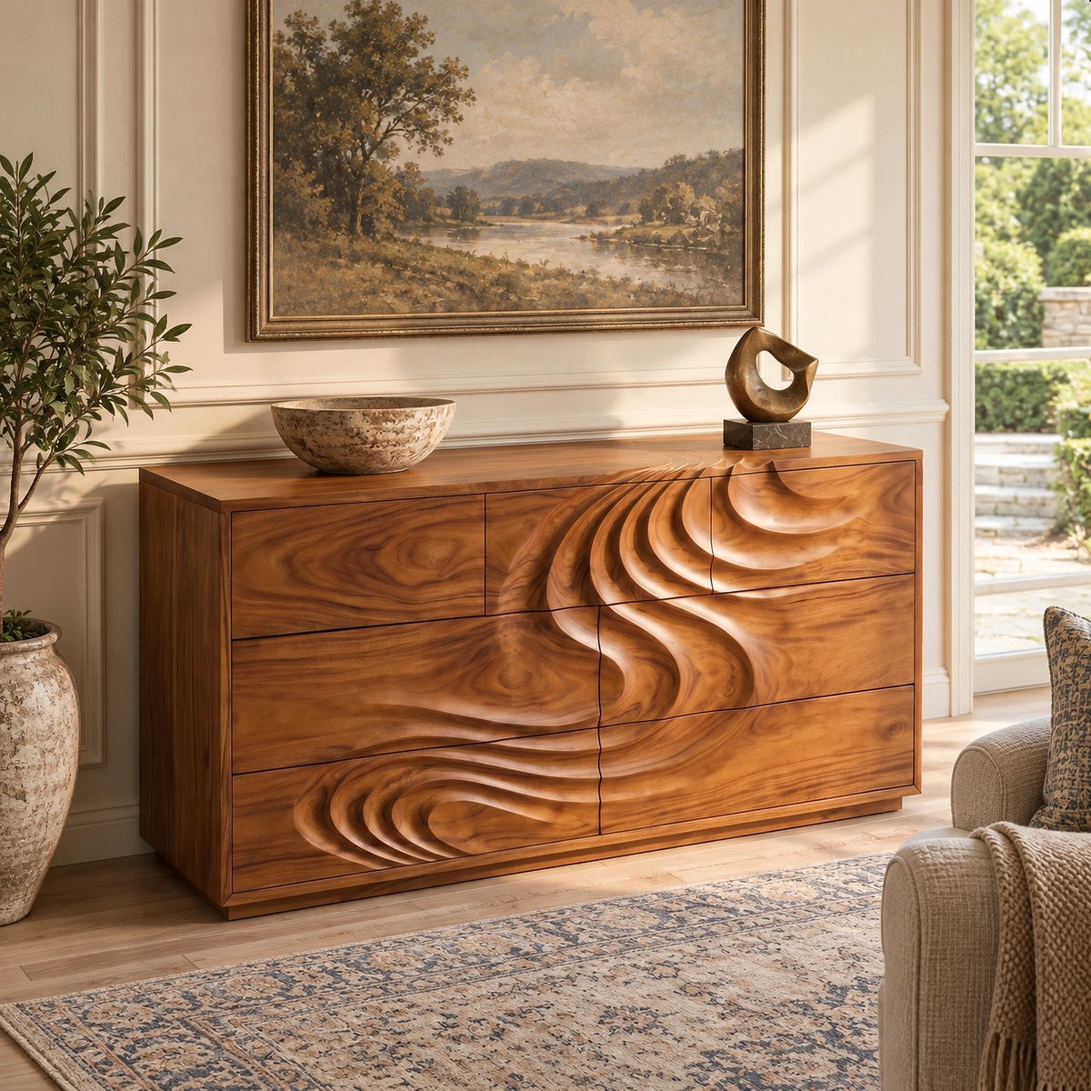 Handcrafted Wave Carved Dresser With Deep Sculpted Front For Bedroom