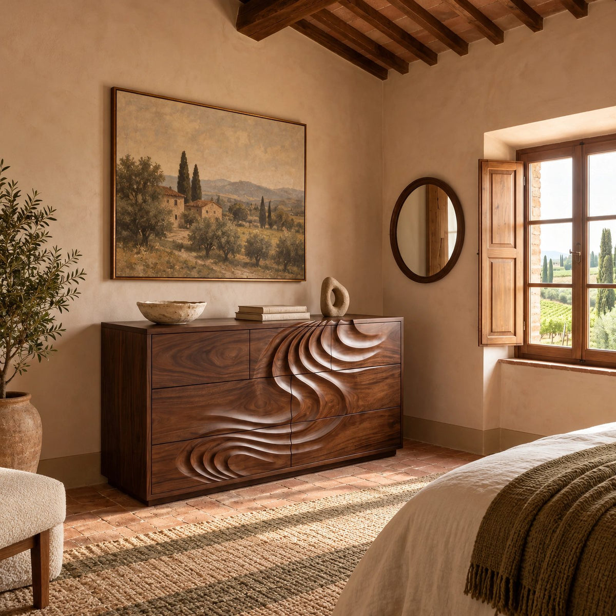 Handcrafted Wave Carved Dresser With Deep Sculpted Front For Bedroom