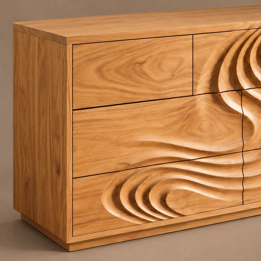 Handcrafted Wave Carved Dresser With Deep Sculpted Front For Bedroom