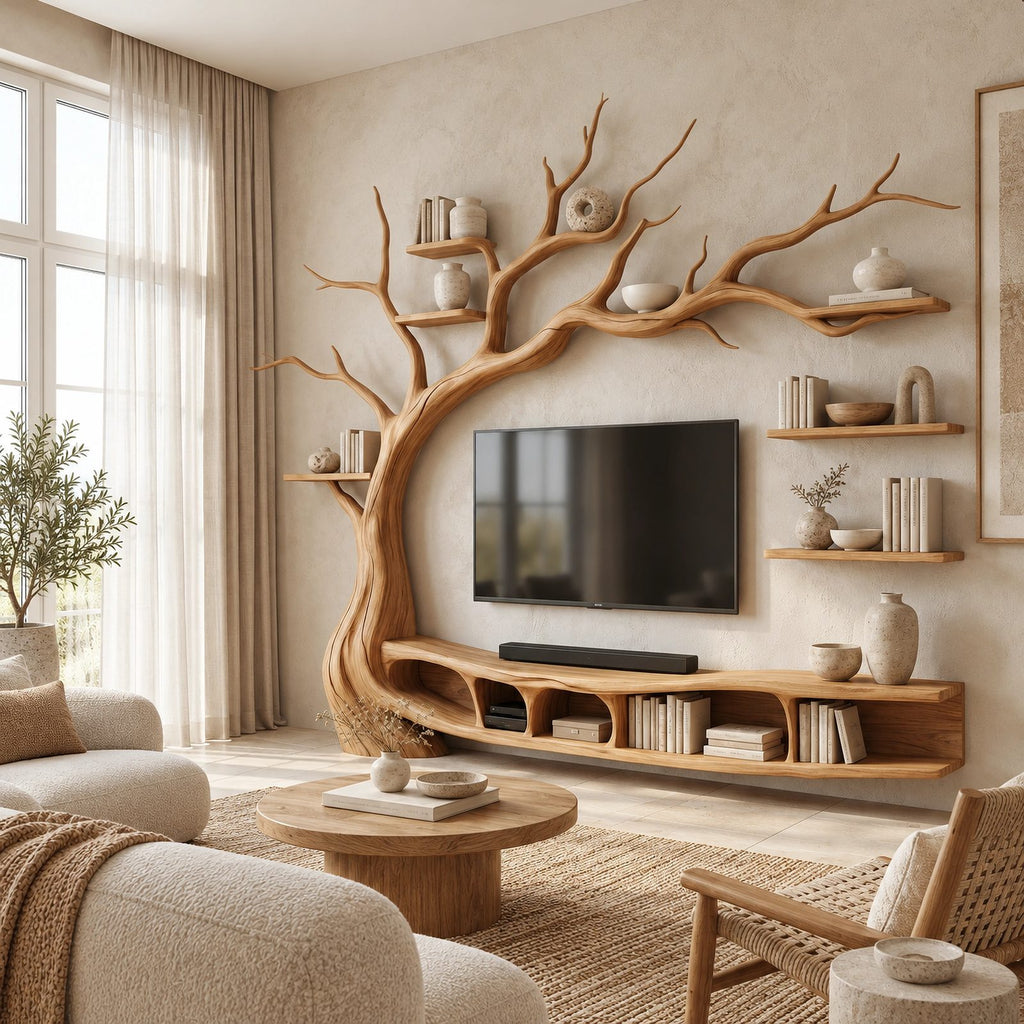Organic Solid Wood Tree TV Console With Branch Shelves For Living Room