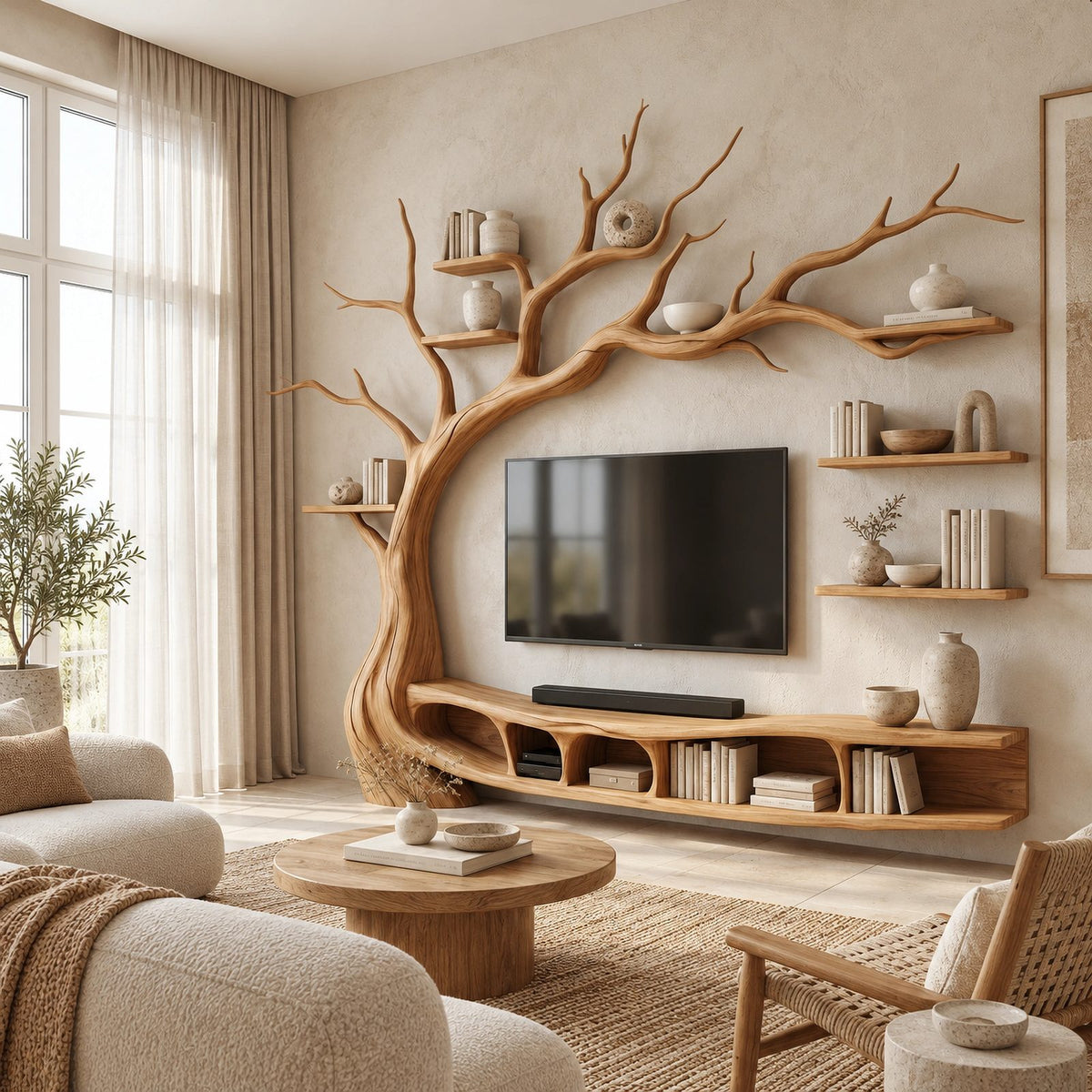Organic Solid Wood Tree TV Console With Branch Shelves For Living Room