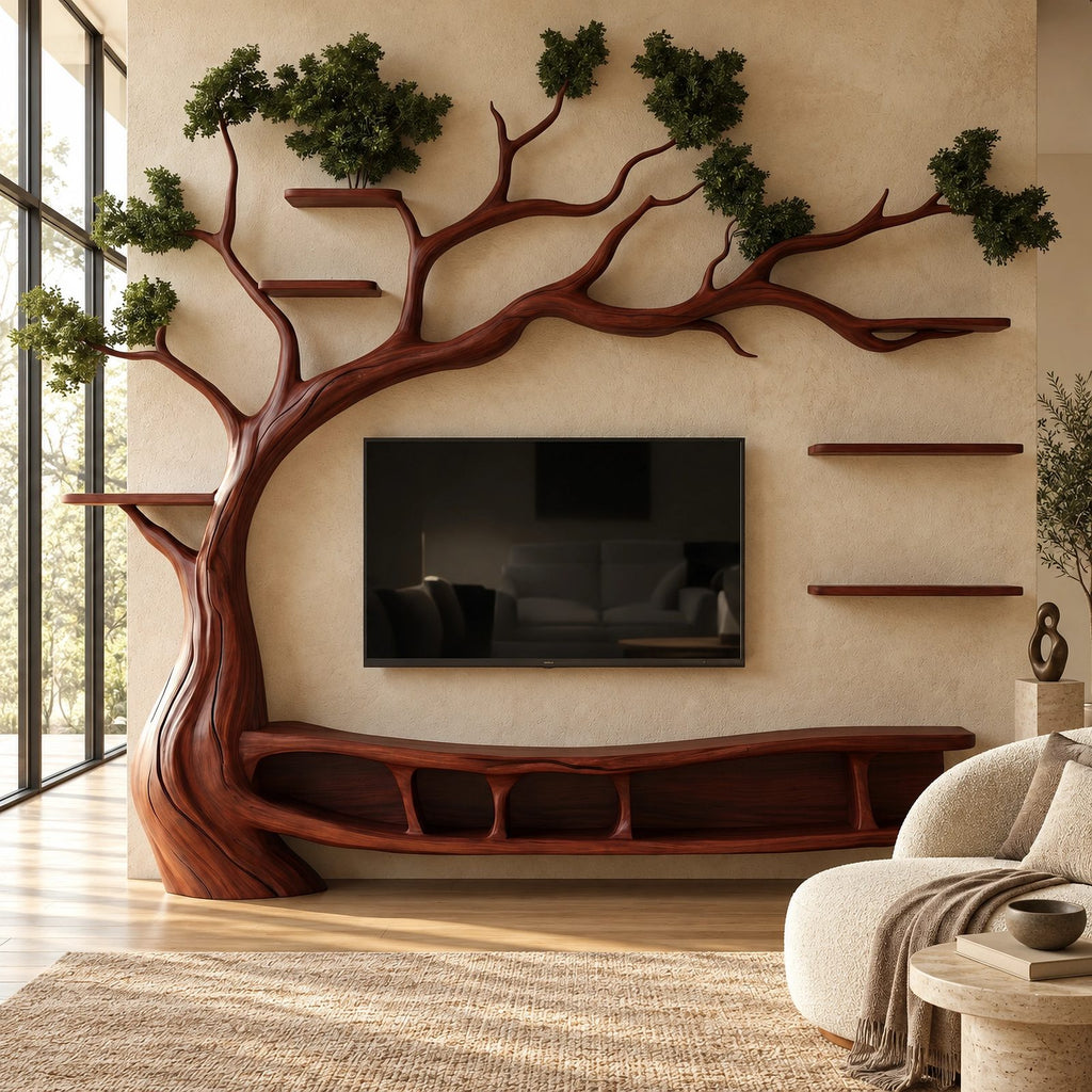 Organic Solid Wood Tree TV Console With Branch Shelves For Living Room