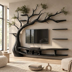 Organic Solid Wood Tree TV Console With Branch Shelves For Living Room